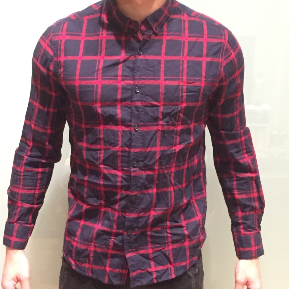Men’s Red and Blue Plaid Style Button Up